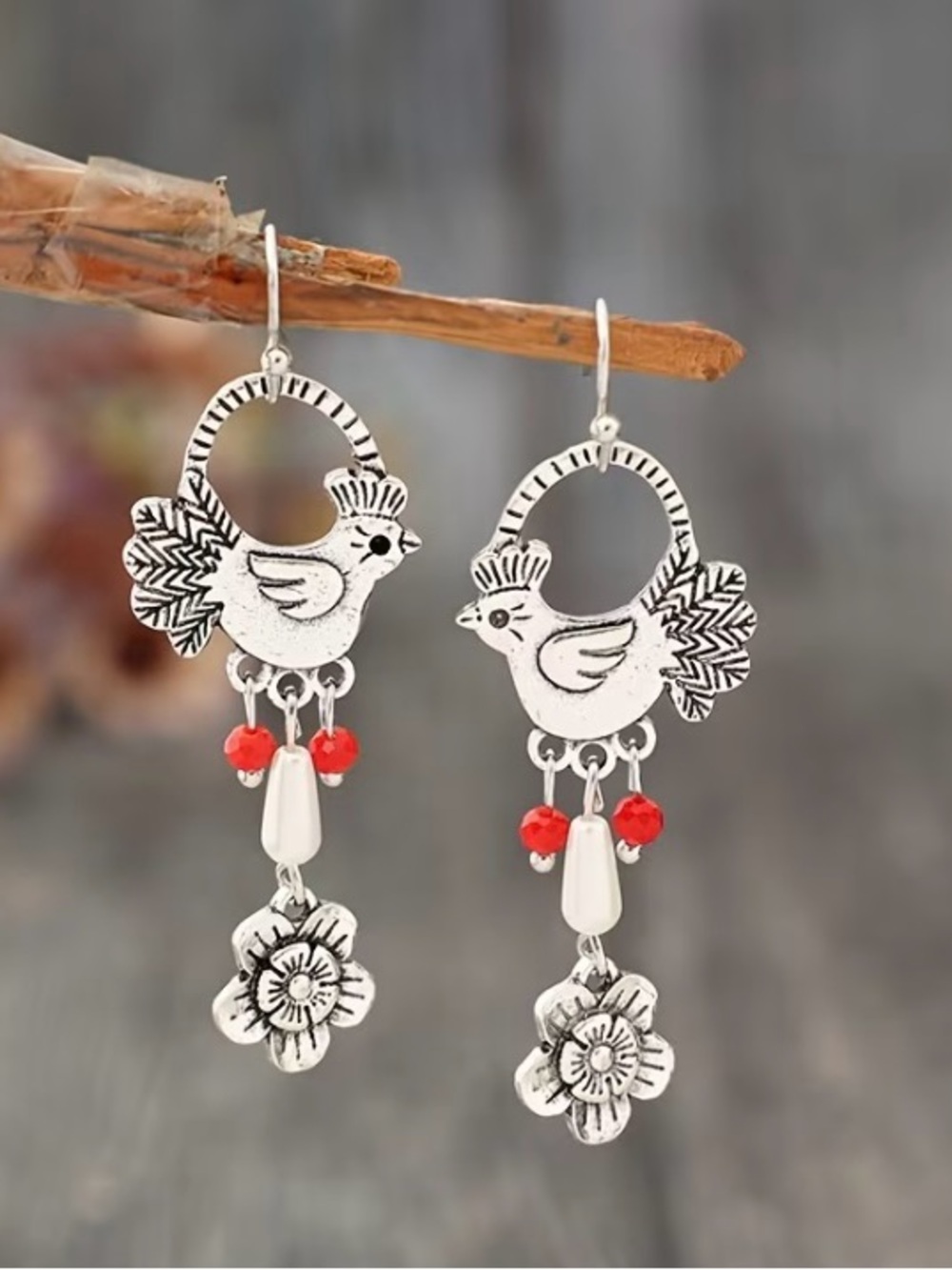 Silver-Tone Bird & Flower Drop Earrings with Red Beads